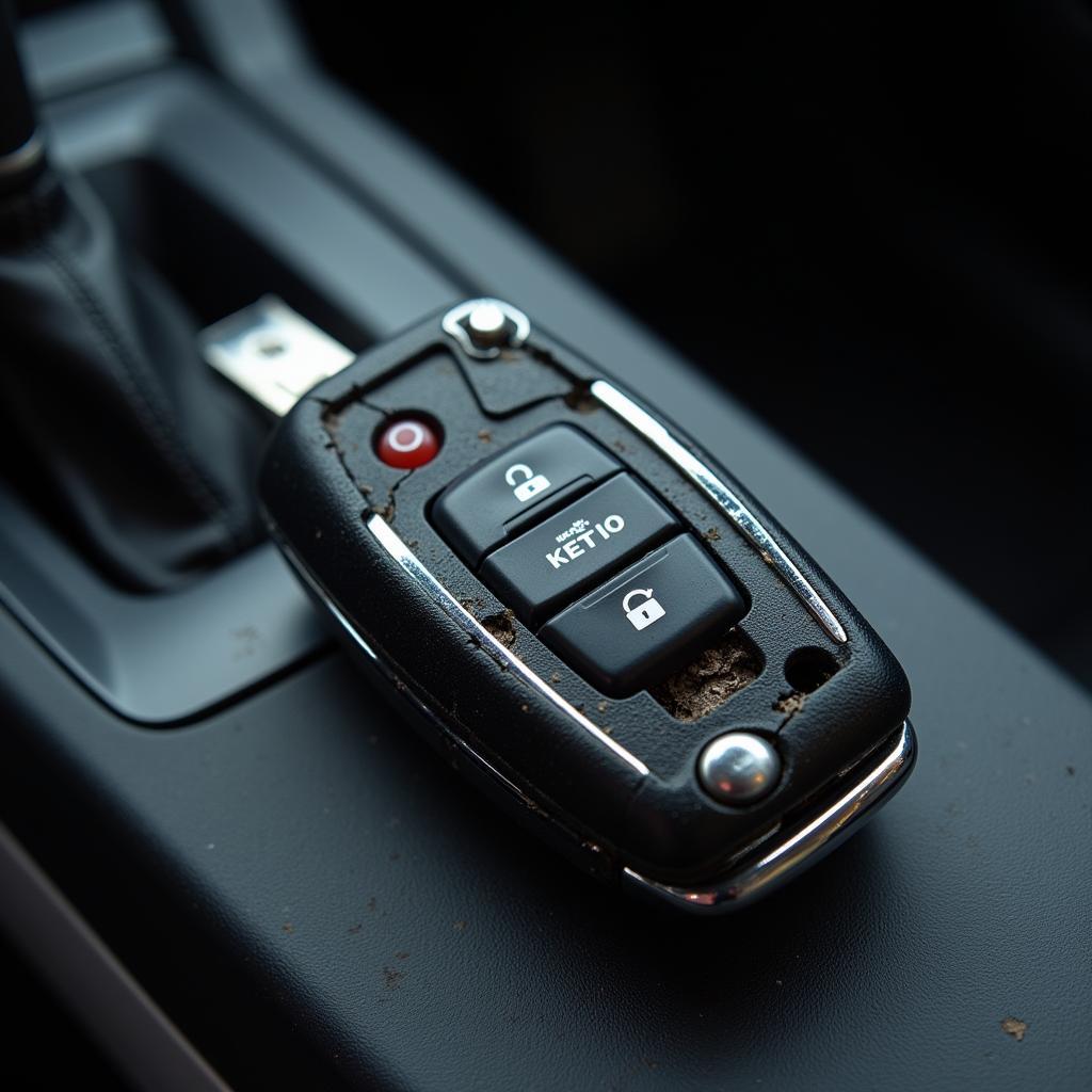 Broken car key fob on car dashboard