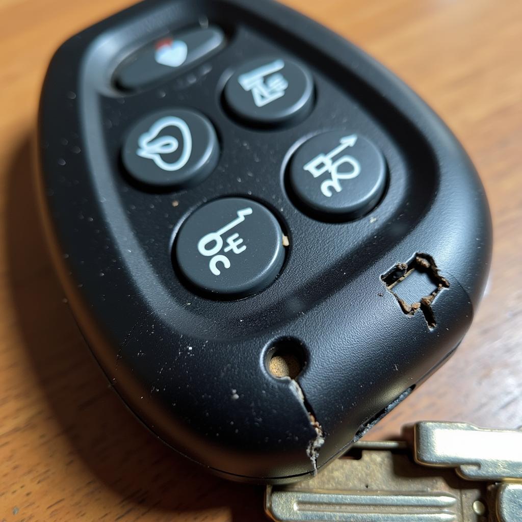 Close-up of a broken car key remote showing damaged buttons and cracked casing.