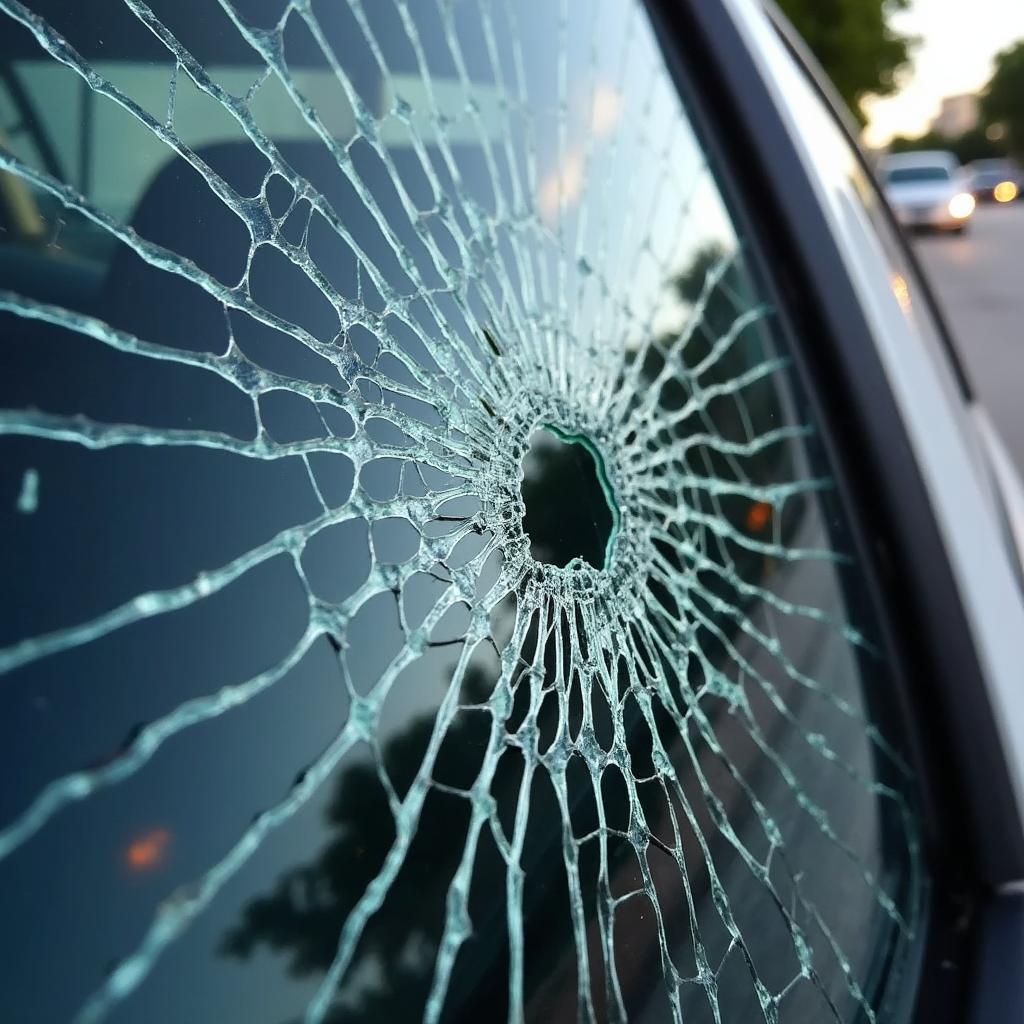 Broken car window on a Miami street