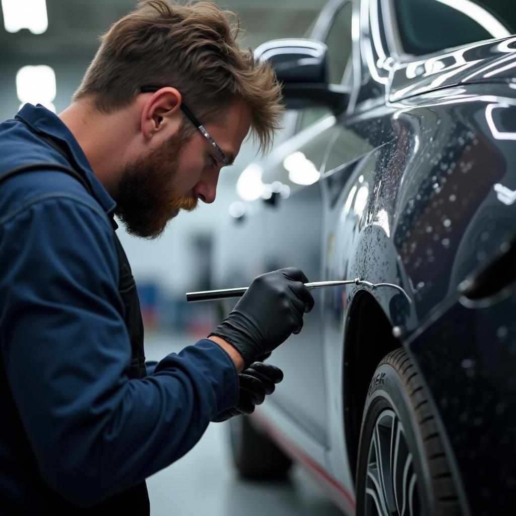 Skilled Technicians Performing Car Body Repairs at Bromhams