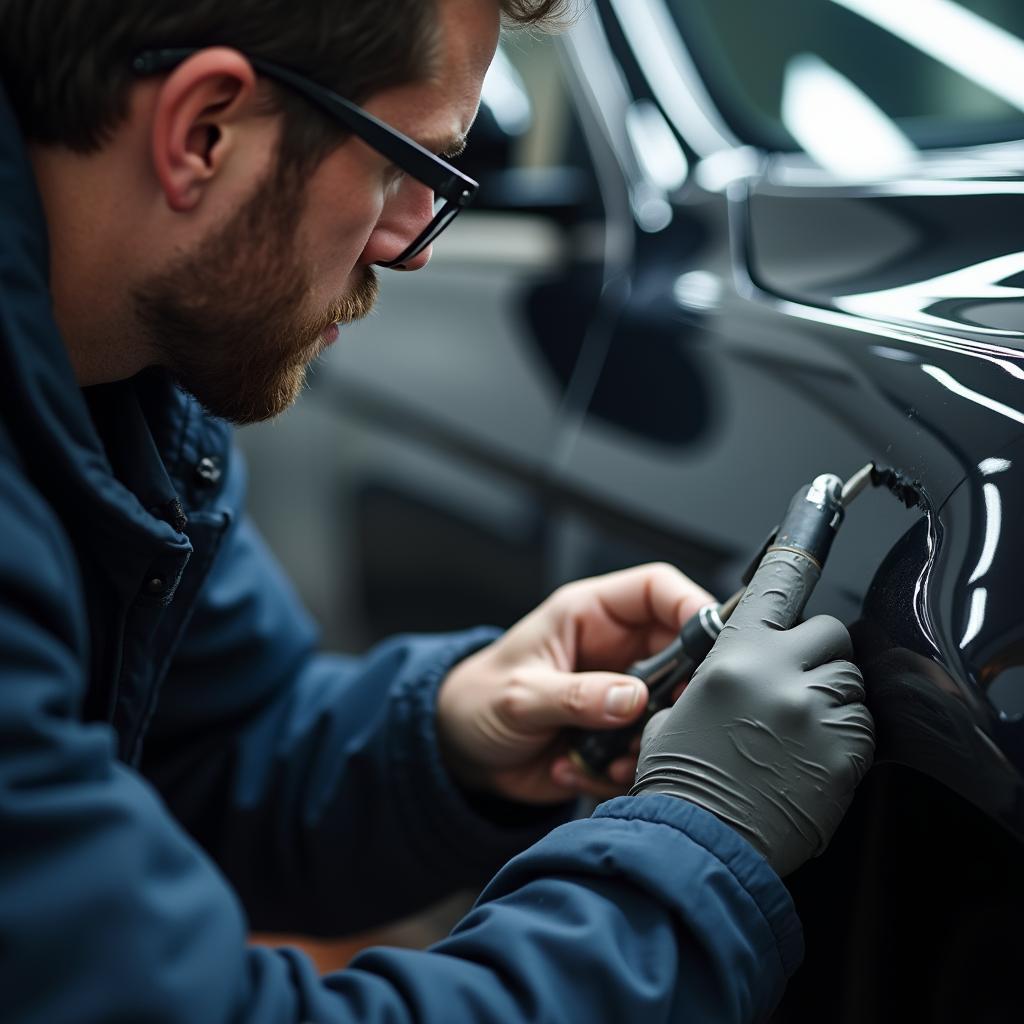 Skilled technician performing car body repair in Brunswick