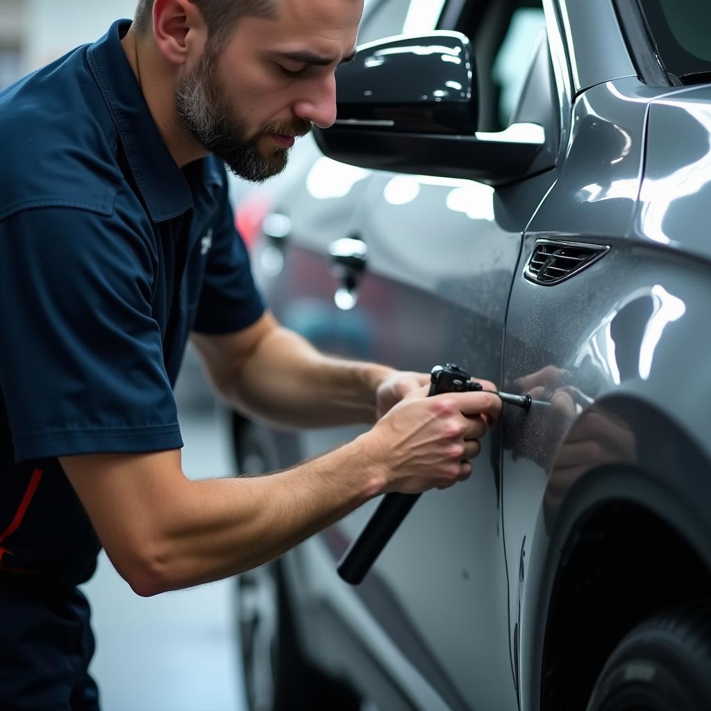 Skilled Technician Repairing Car Dent at BT Smith