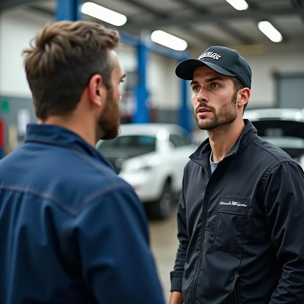 Customer Discussing Car Repair with Mechanic