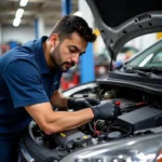 Mechanic repairing a car air conditioning system in Costa Mesa