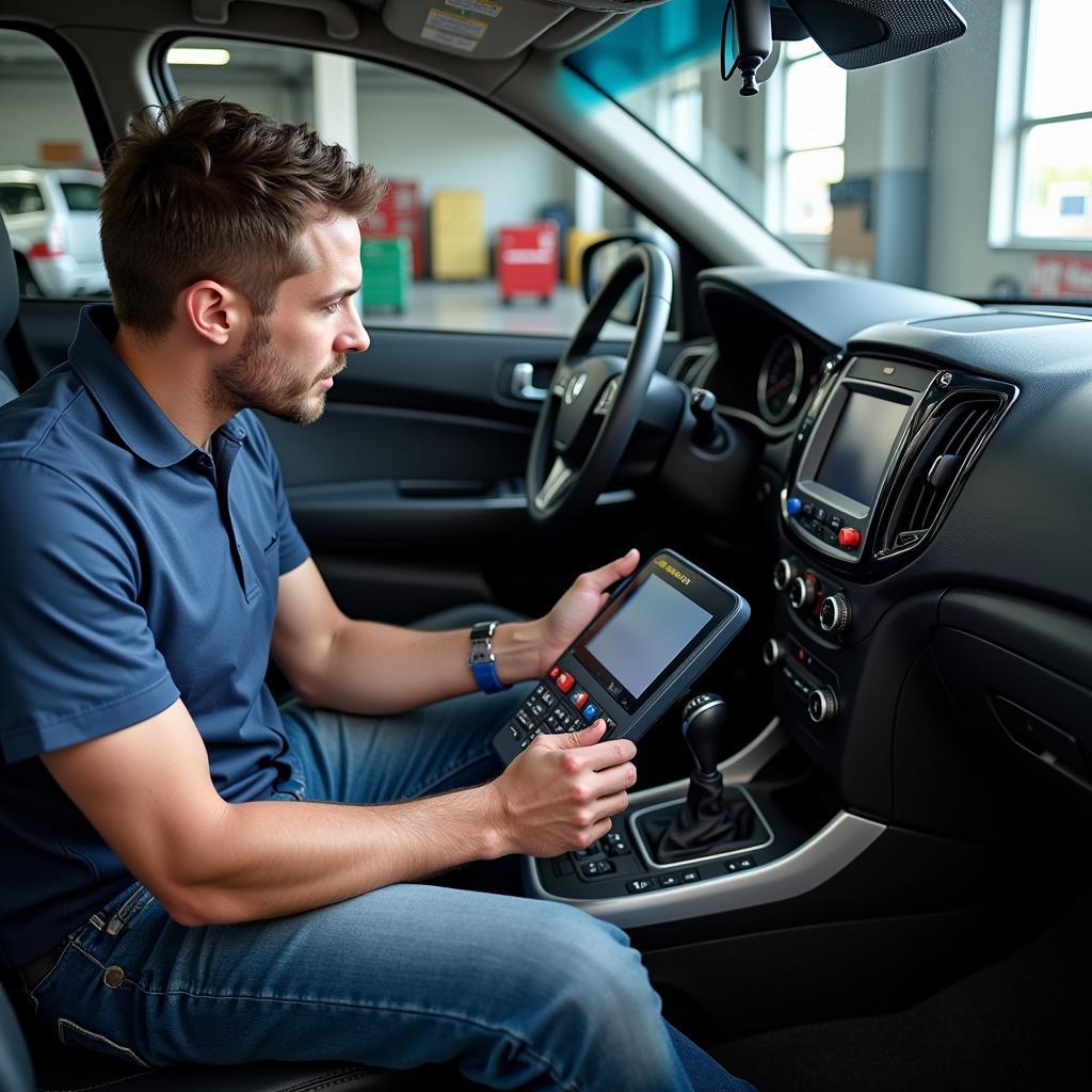 Mechanic Diagnosing Car AC Issue