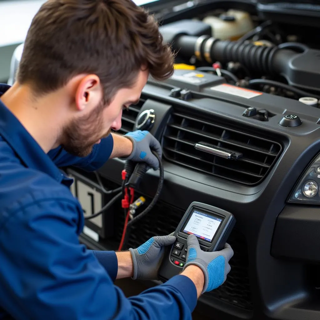 Mechanic inspecting car air conditioning system in Mirfield