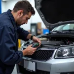 Mechanic inspecting a car's AC system