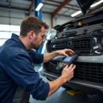 Mechanic inspecting a car's air conditioning system in a professional repair shop