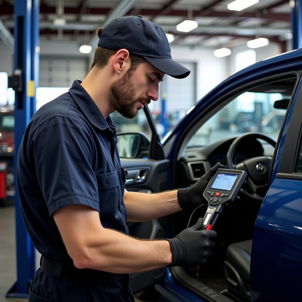 Mechanic inspecting car AC system in Portland