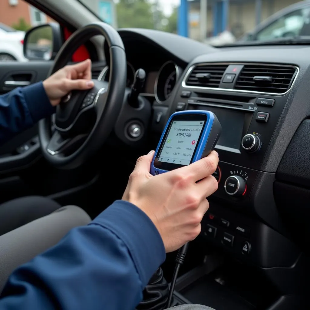 Mechanic using a diagnostic tool on a car's AC system in a St Albans workshop