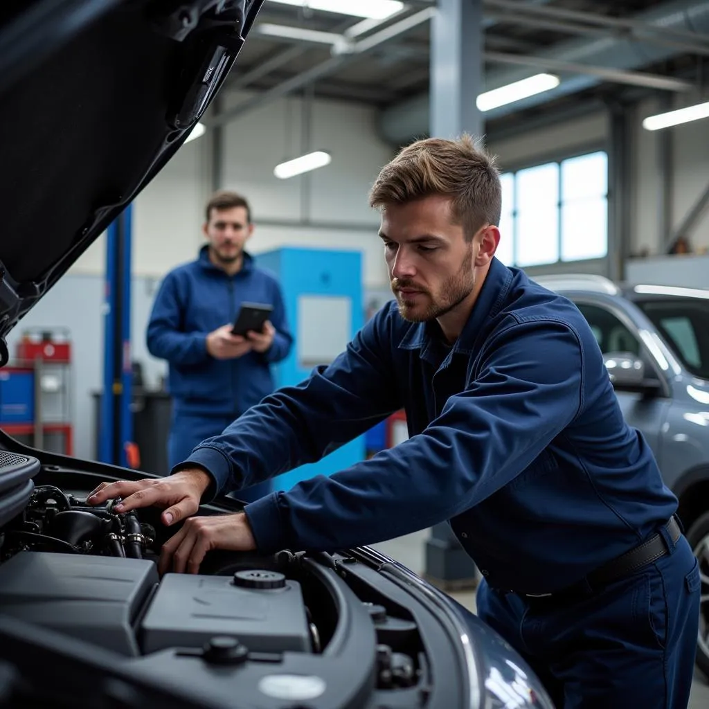 Experienced technician inspecting a car air conditioning system in St Albans garage