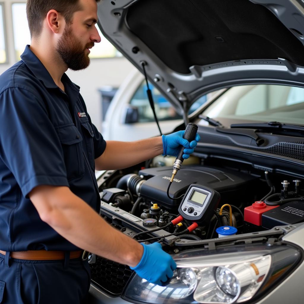 Car AC Repair in Tadley - Mechanic Checking Refrigerant