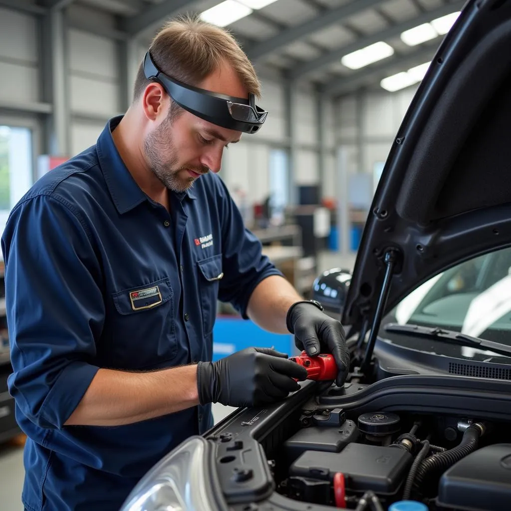 Car AC repair technician working on a vehicle's air conditioning system.