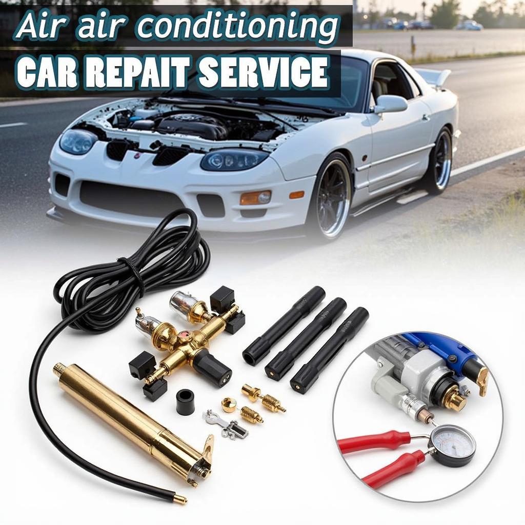 An assortment of tools and equipment for car air conditioning repair