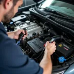 Mechanic inspecting a car's air conditioning system in Townsville