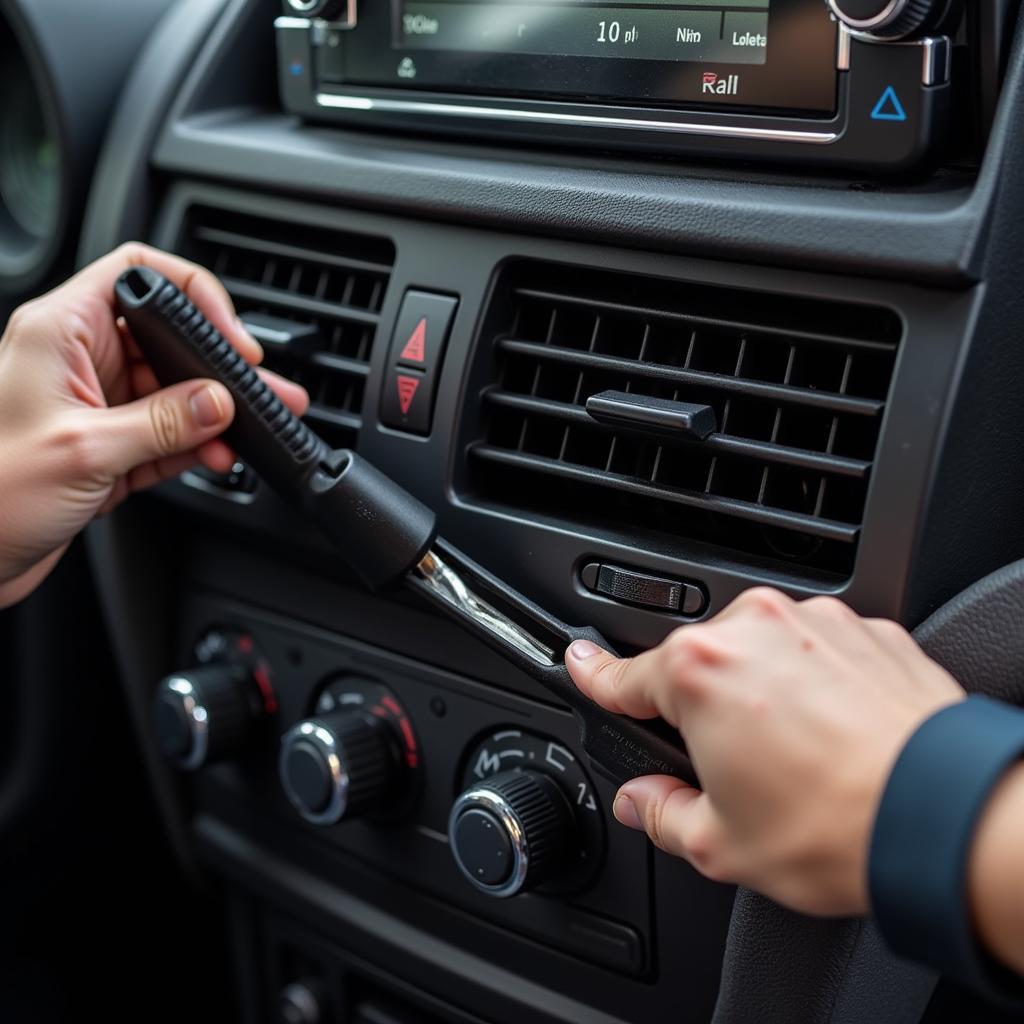 Mechanic inspecting car AC system components