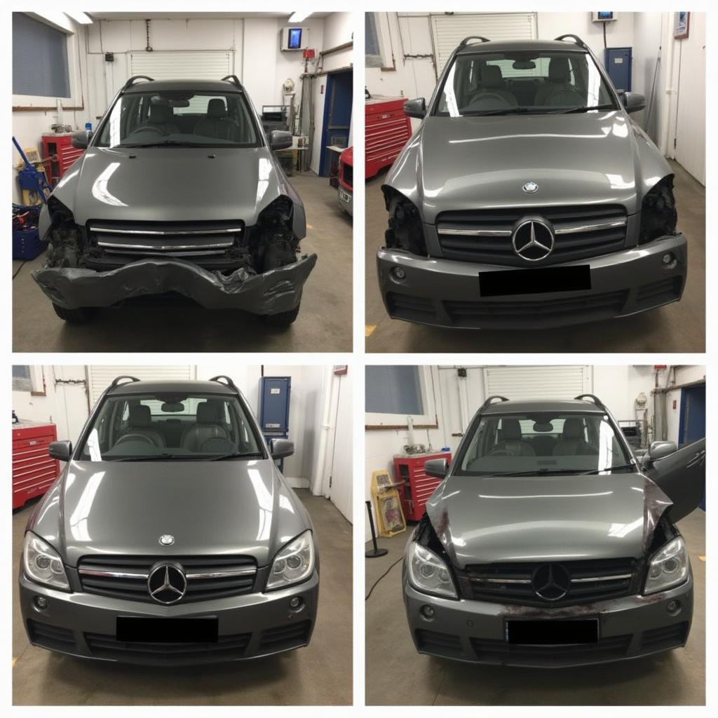 Car undergoing accident repair in a shop in Ely, Cardiff