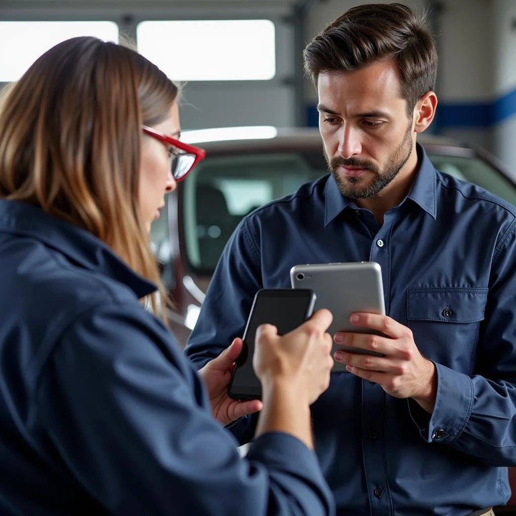 A car airbag repair technician is explaining the diagnostic report to a customer