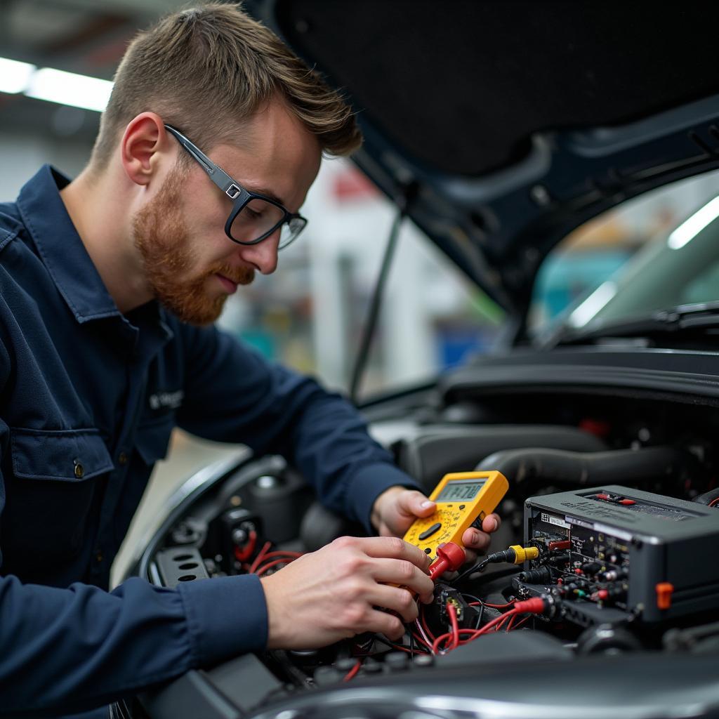 Car Audio Technician Diagnosing Amplifier