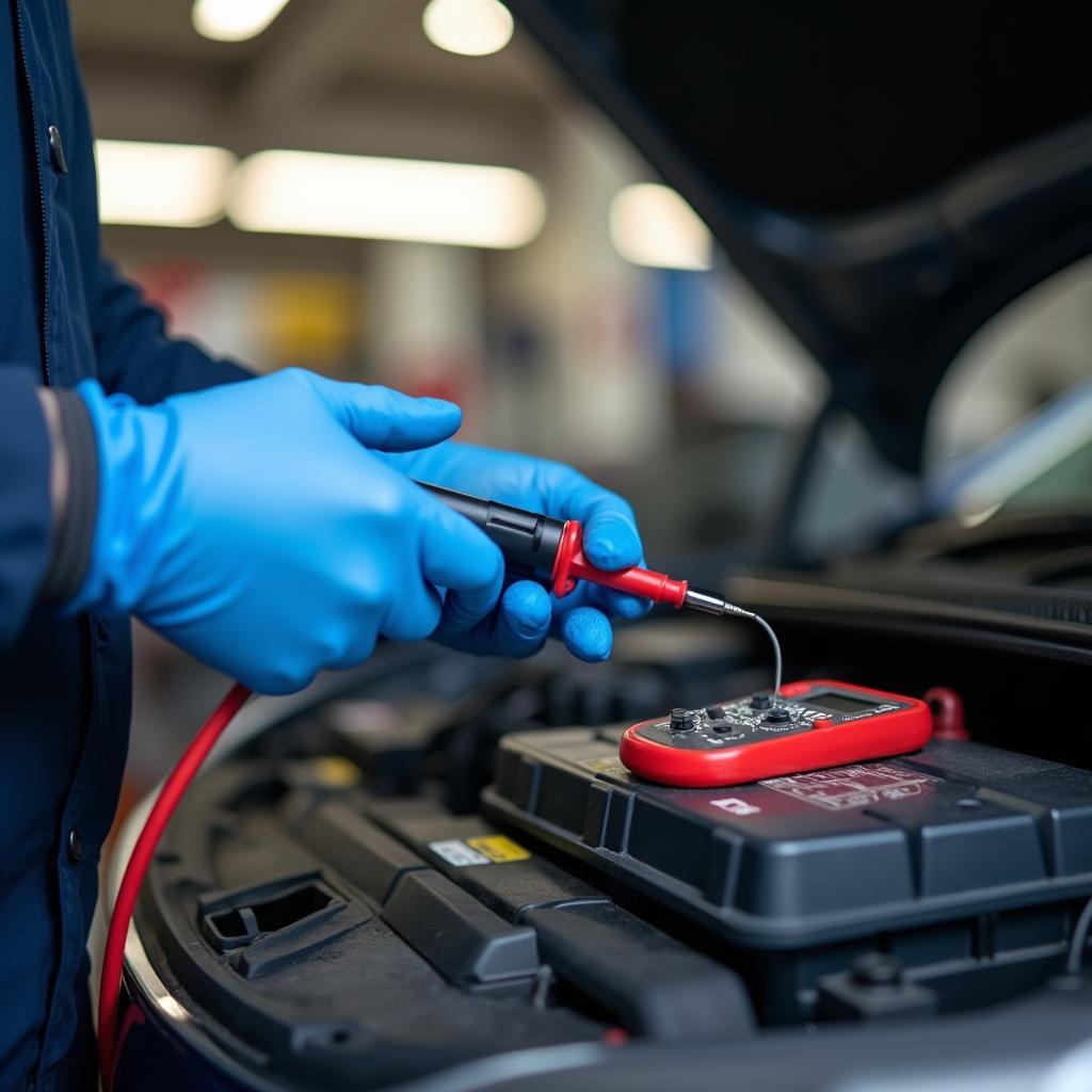 Mechanic inspecting car battery in Barnsley