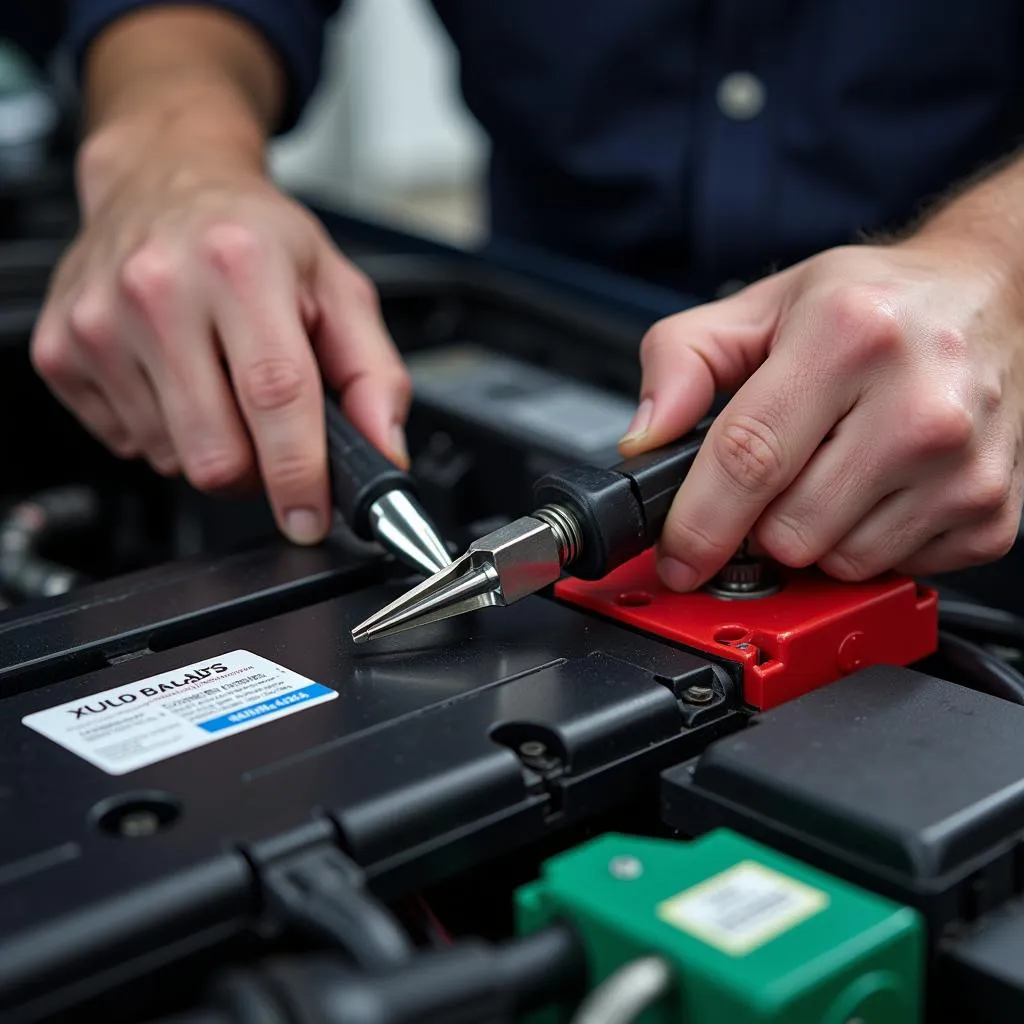 Close-up of a mechanic inspecting a car battery