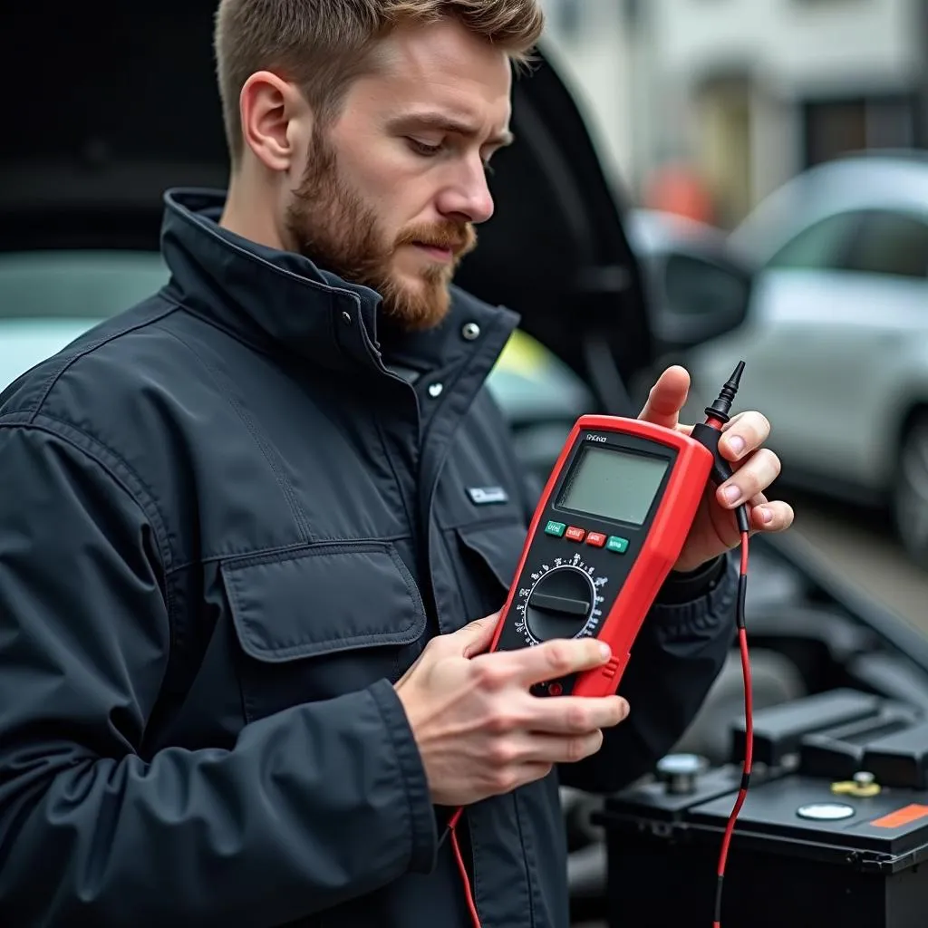 Car battery inspection in a Glasgow auto repair shop