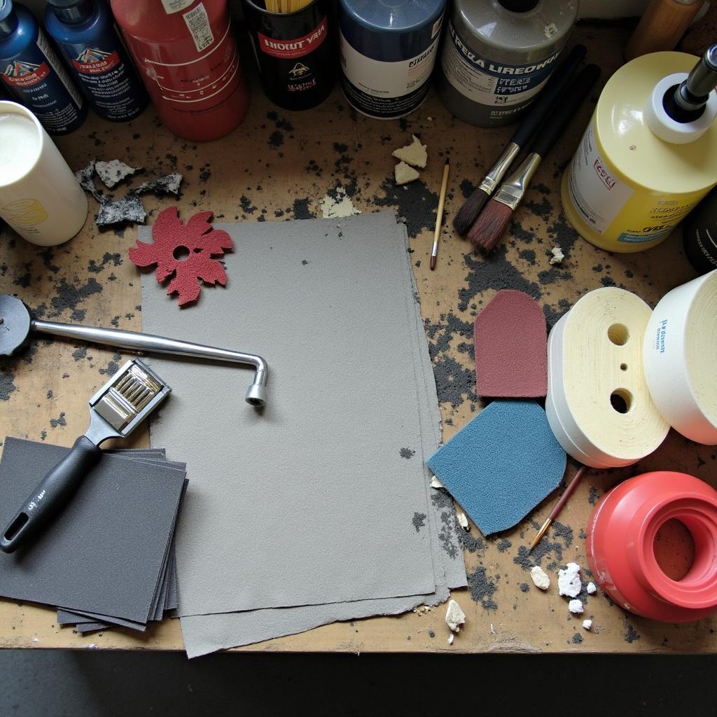 Car body repair accessories neatly organized on a workbench