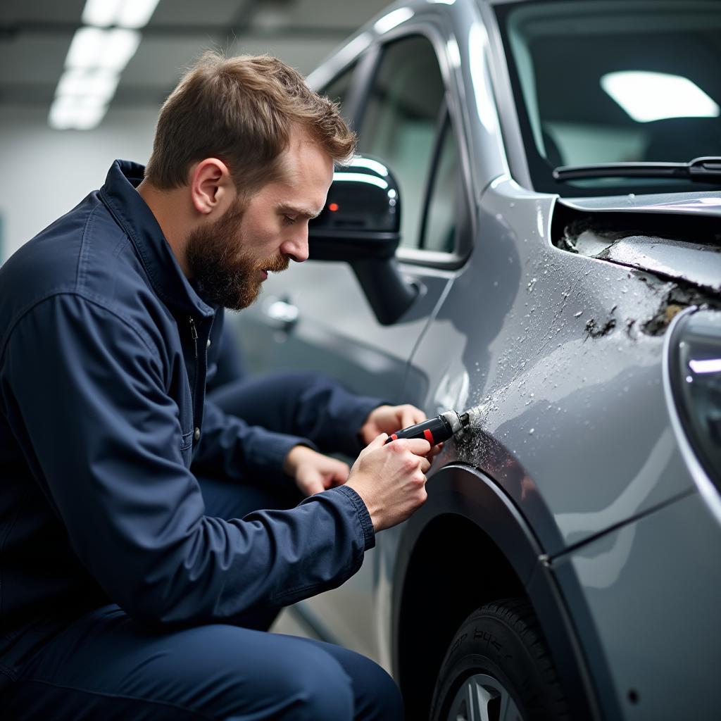 Car body repair technician inspecting a vehicle in Altrincham