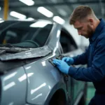 Car body repair in progress at a professional workshop in Amble