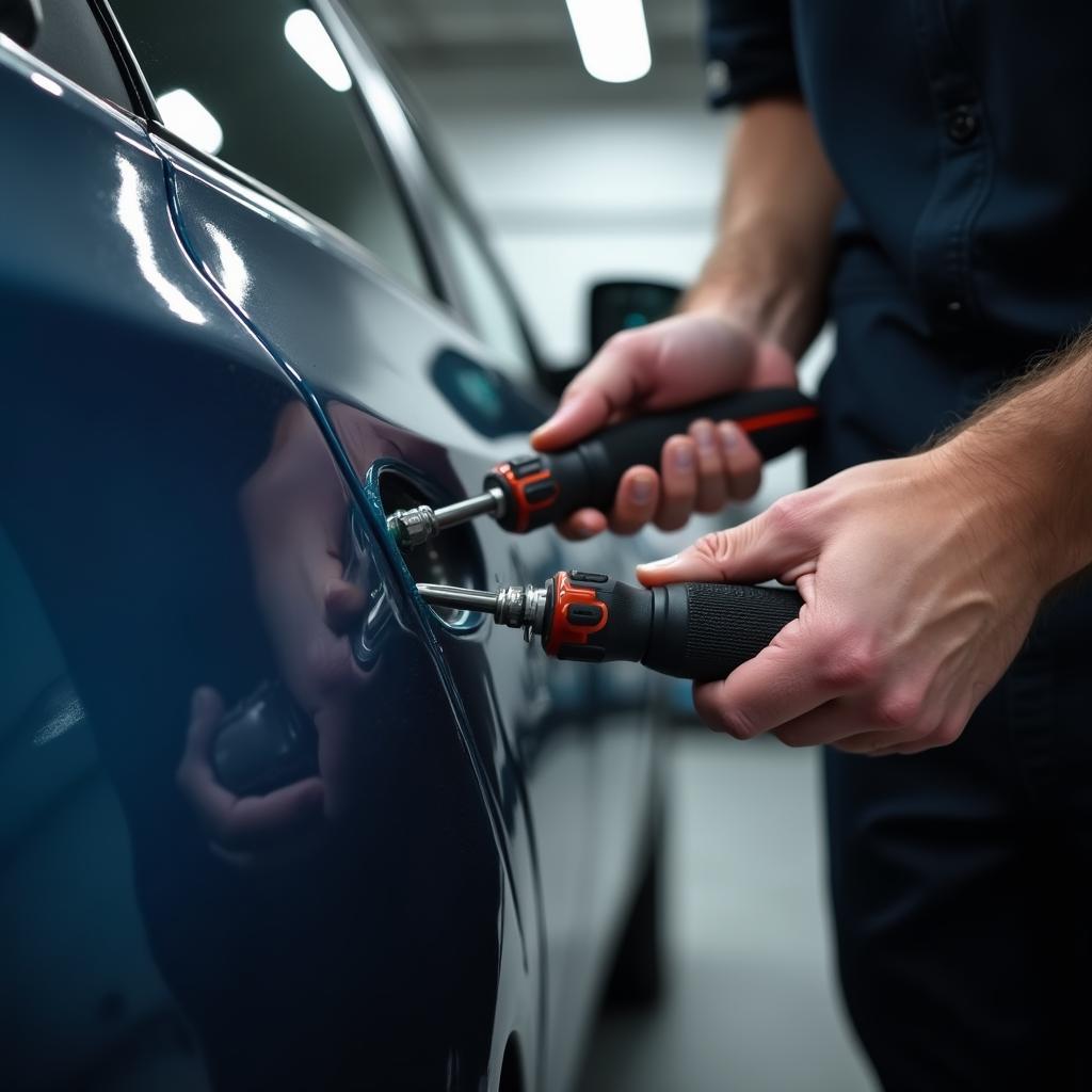 Car dent removal in progress at an Ashford body shop