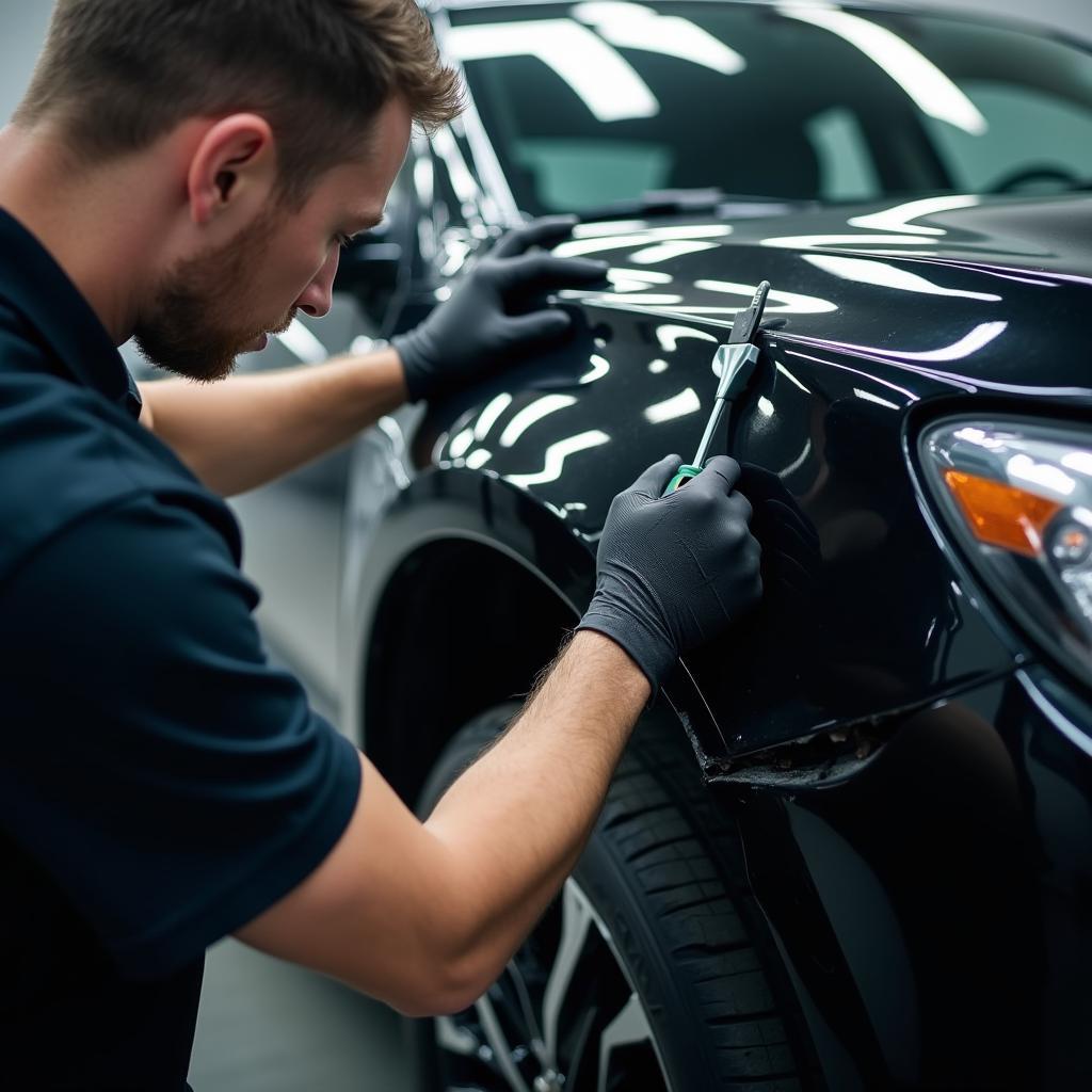 Technician Assessing Car Body Damage