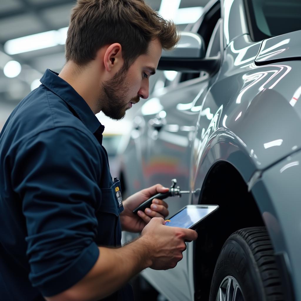 Technician assessing car body damage