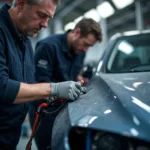 Car body repair in progress at a professional workshop in Banbury.