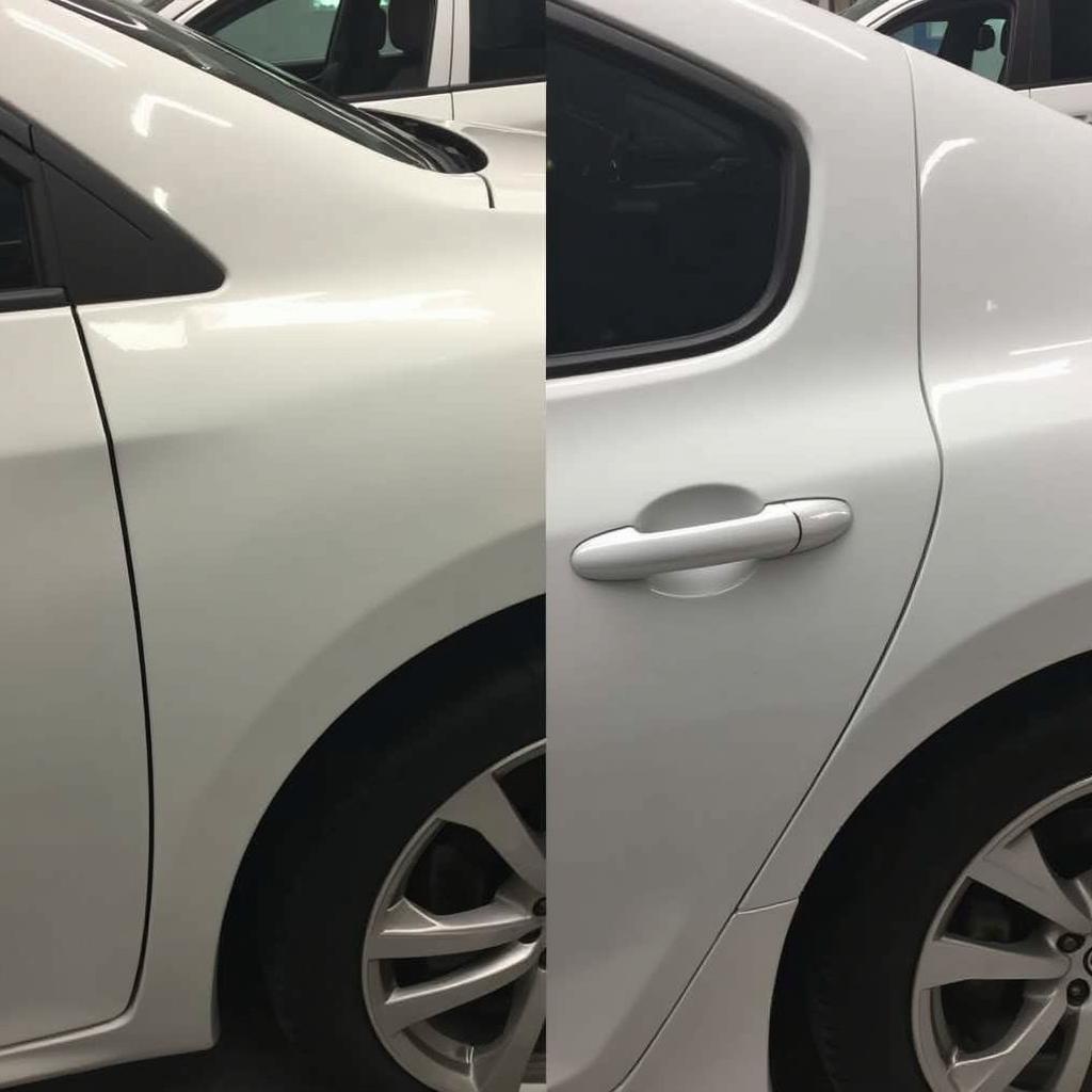 Before and after image of a car dent repair in Sheffield