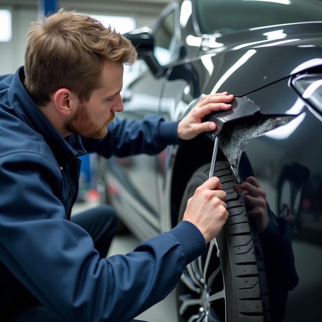 Experienced technician examining car body damage