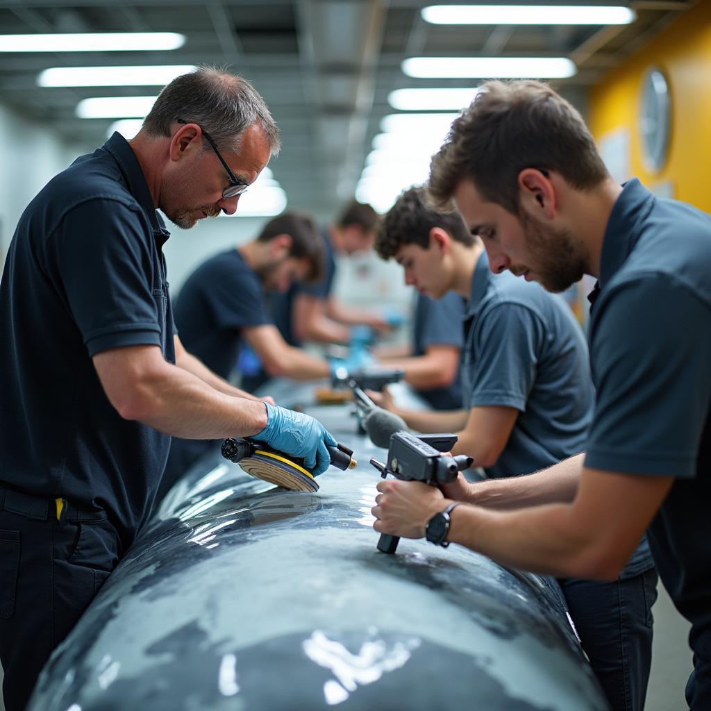 Students using tools in a car body repair class