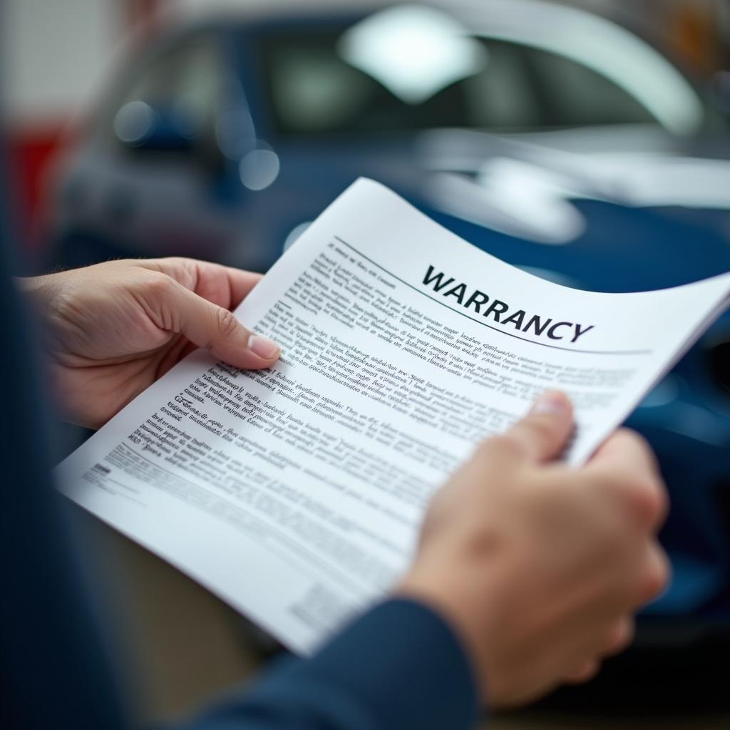  Car owner reviewing a warranty document at a car body repair shop in Corby 