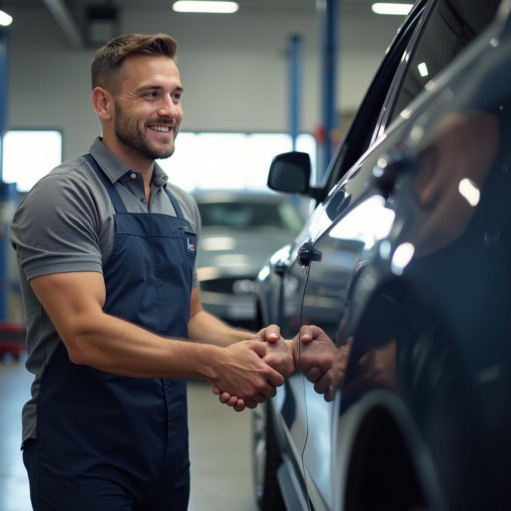 Satisfied customer receiving their repaired vehicle at a car body repair shop in Cornwall.