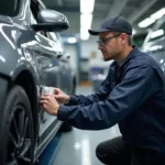 Car body repair professional in Cornwall performing dent removal on a damaged vehicle.