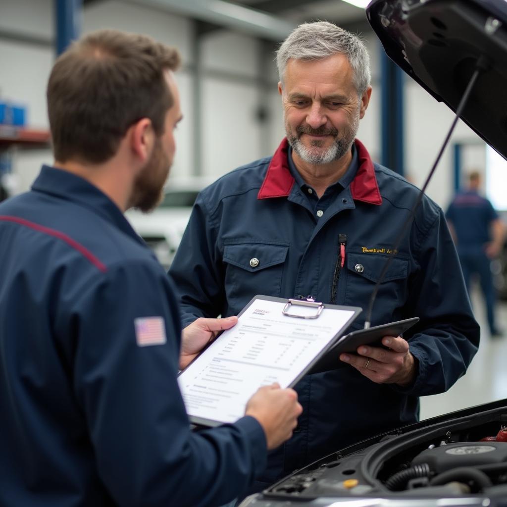 Car owner discussing car body repair cost with a mechanic in Towcester