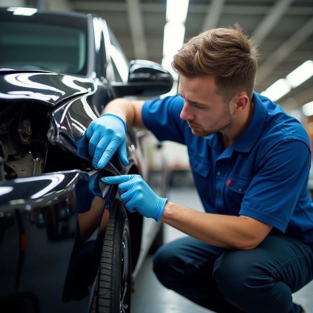 Car body repair technician inspecting a vehicle