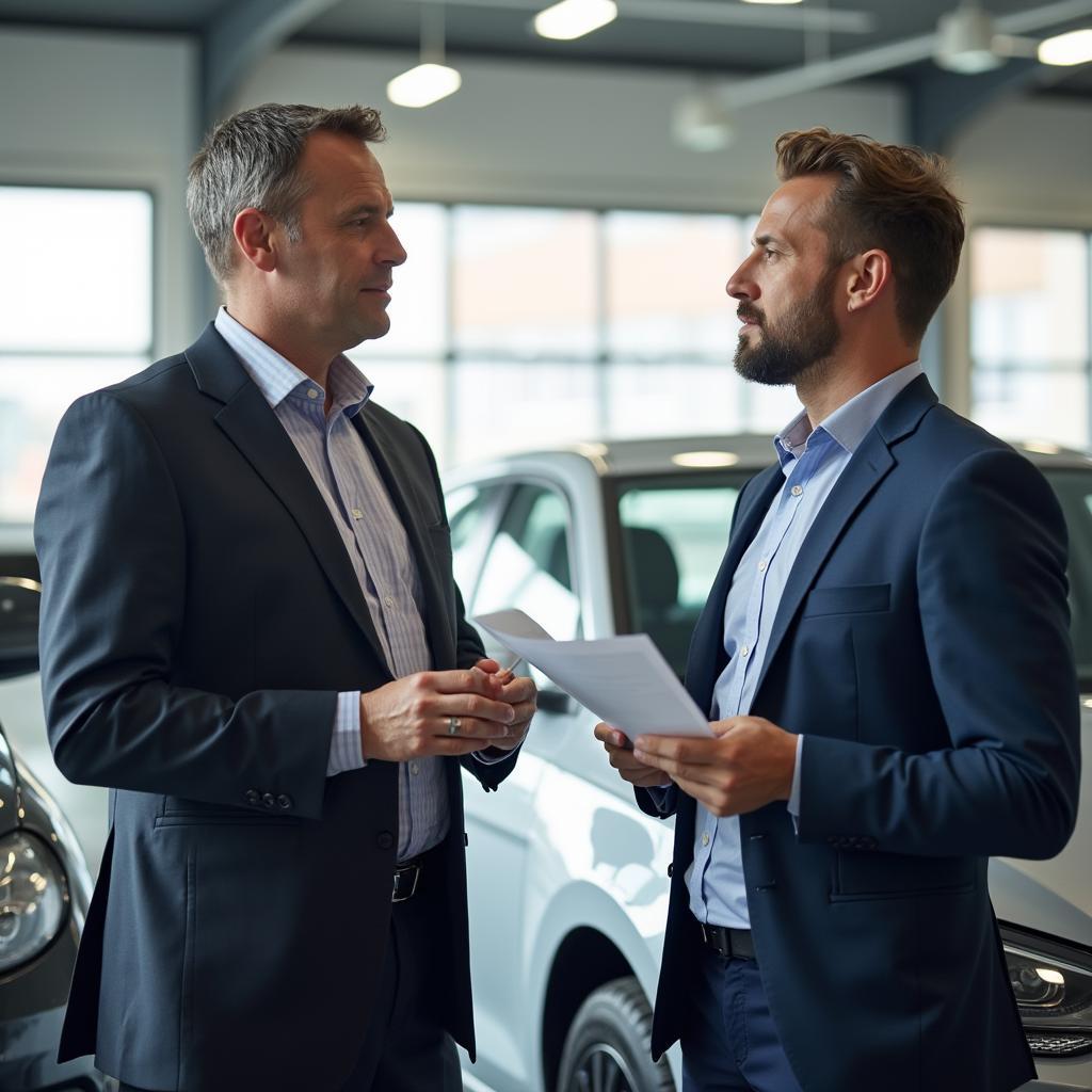 Car repair estimate being reviewed by a technician and customer.