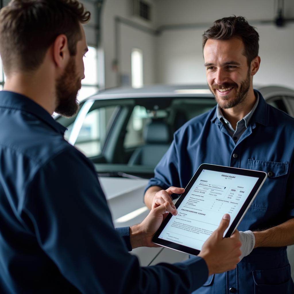 Mechanic explaining a repair estimate to a customer in Belfast