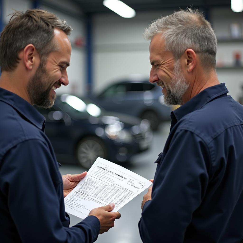 Discussing a car body repair estimate with a professional in Calne