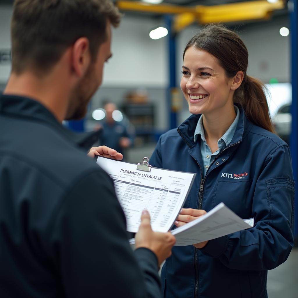 Mechanic discussing car body repair estimate with customer in Northfleet