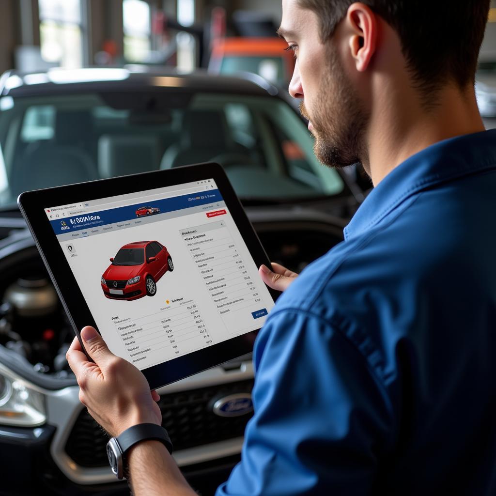 Mechanic using car body repair estimate software on a tablet