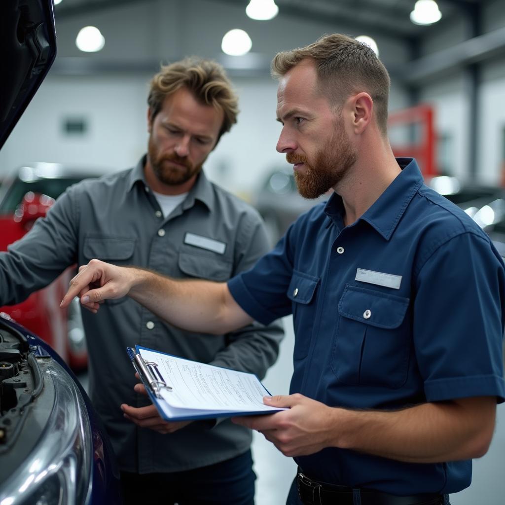 Car Repair Expert Discussing Estimate with Customer in Southampton