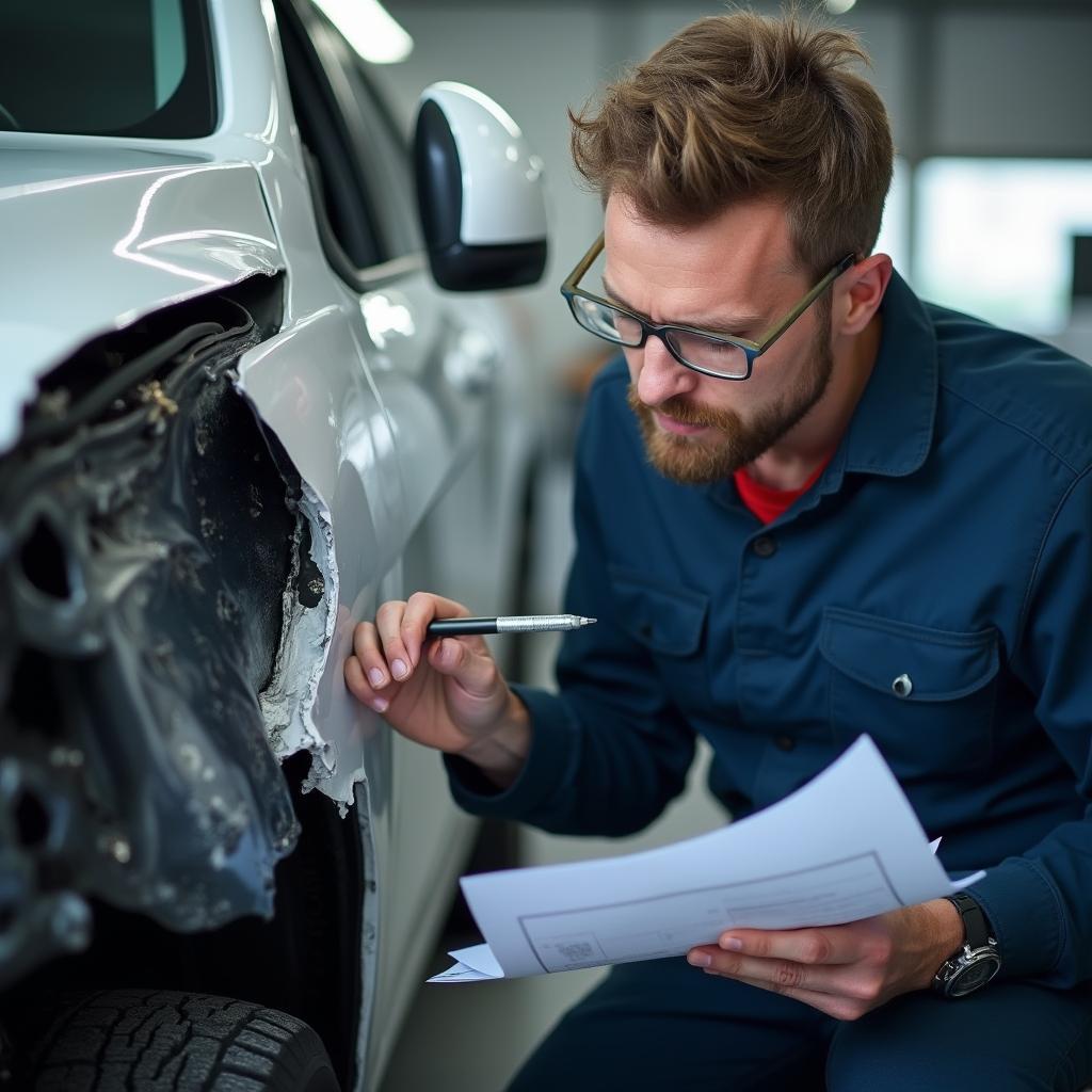 Car body repair expert inspecting damage