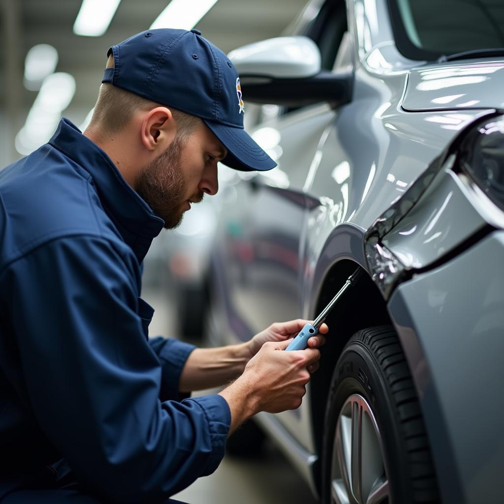  Experienced Technician Assessing Car Body Damage 