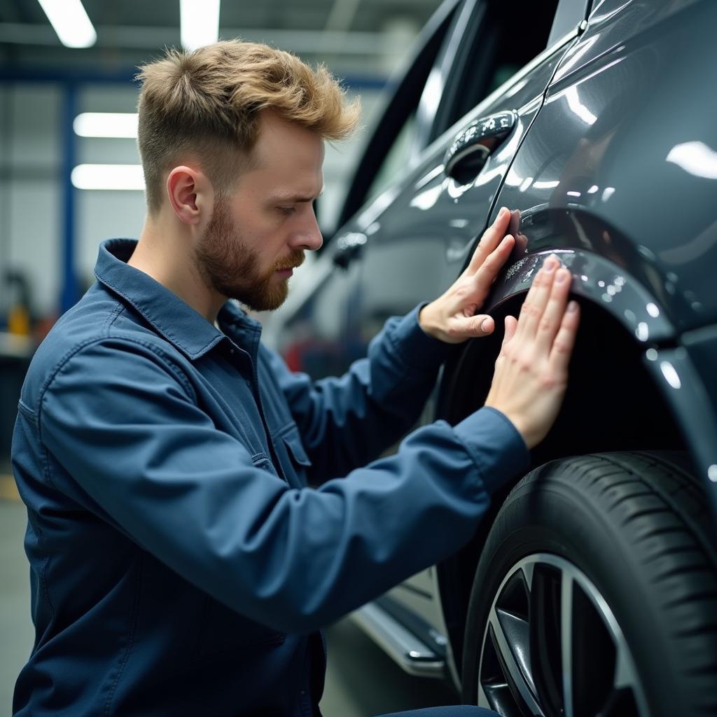 Experienced car body repair technician inspecting a vehicle in Foleshill.